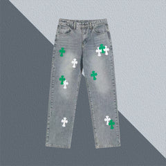 New Leather Embroidered Cross Casual Jeans