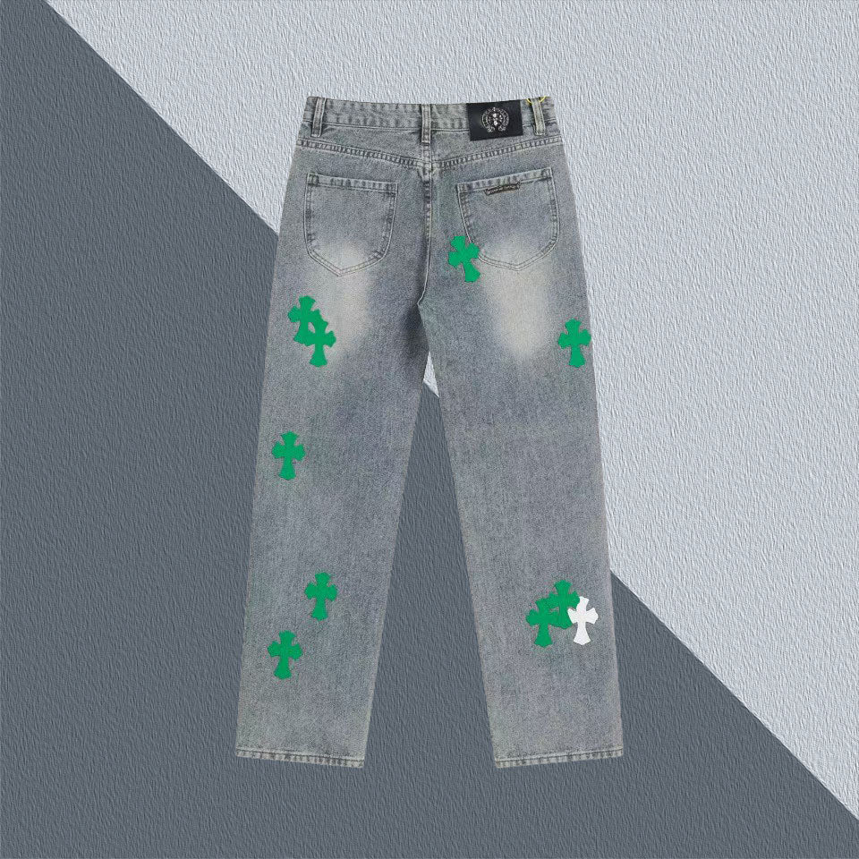 New Leather Embroidered Cross Casual Jeans