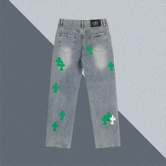 New Leather Embroidered Cross Casual Jeans