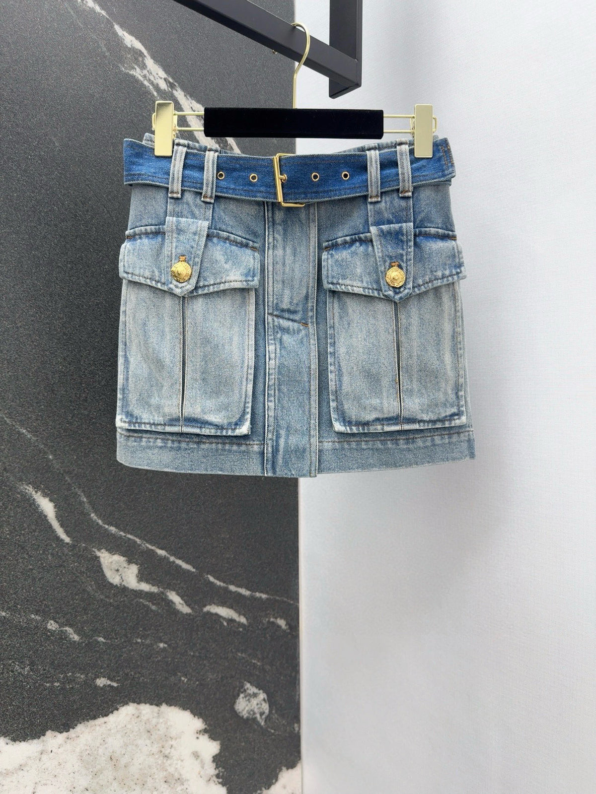 Retro washed blue denim short skirt