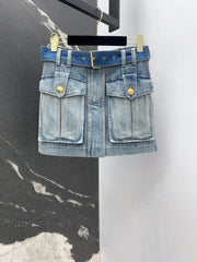 Retro washed blue denim short skirt