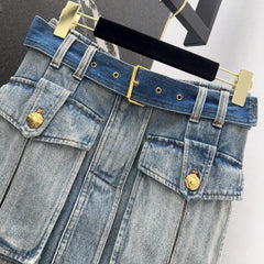 Retro washed blue denim short skirt