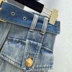 Retro washed blue denim short skirt