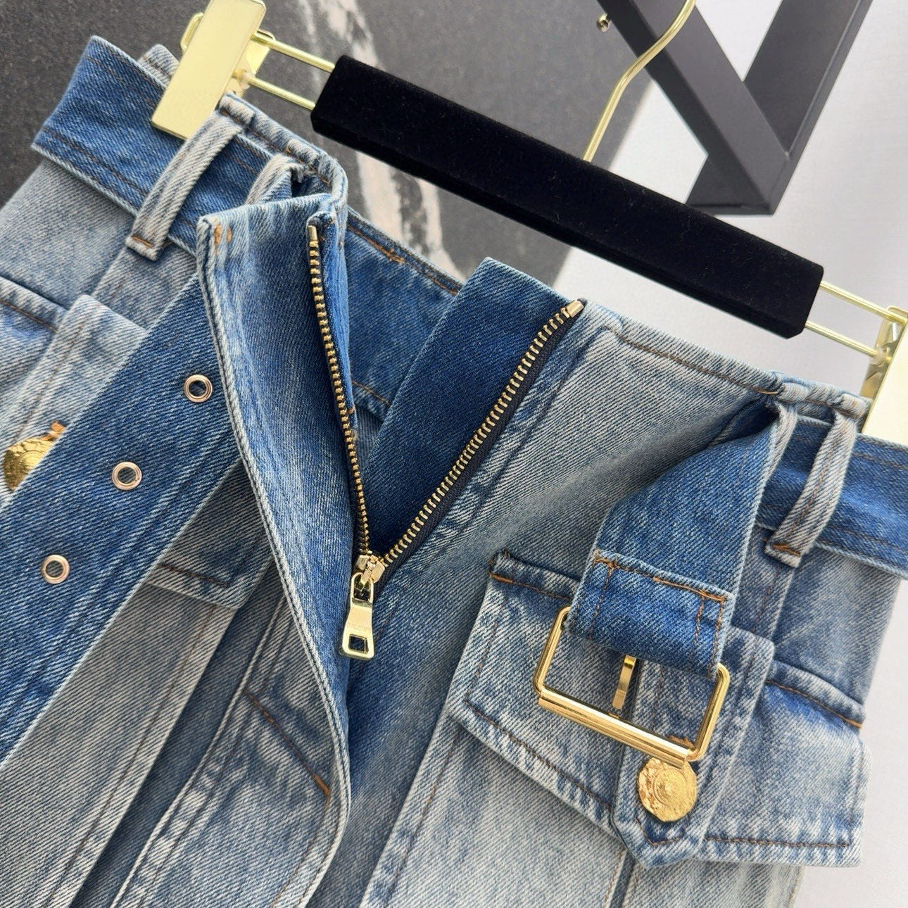 Retro washed blue denim short skirt