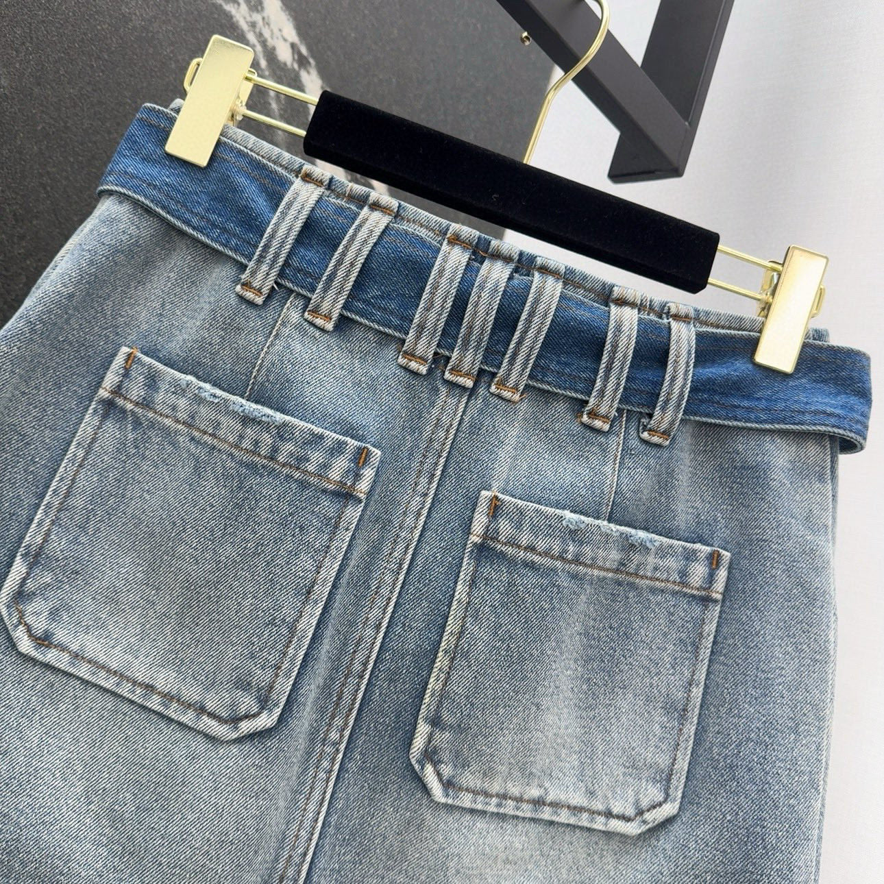 Retro washed blue denim short skirt