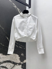 Rhinestone decorative collar short white shirt