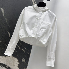 Rhinestone decorative collar short white shirt
