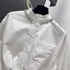 Rhinestone decorative collar short white shirt