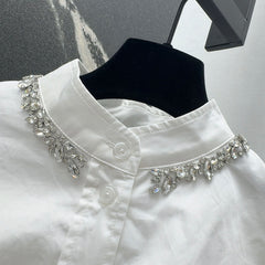 Rhinestone decorative collar short white shirt