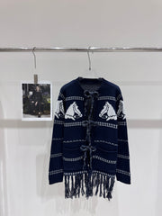 Medium to long tied tassel knit jacket