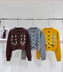 Linglan Jacquard Knitted Round Neck Cardigan