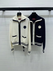 Flip collar double zipper knitted cardigan
