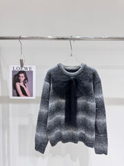 Mesh bow gray gradient knitted pullover