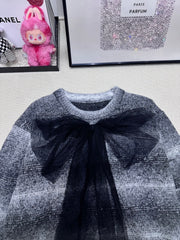 Mesh bow gray gradient knitted pullover