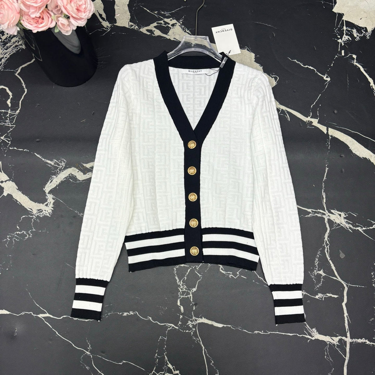 V-neck dark patterned logo cardigan