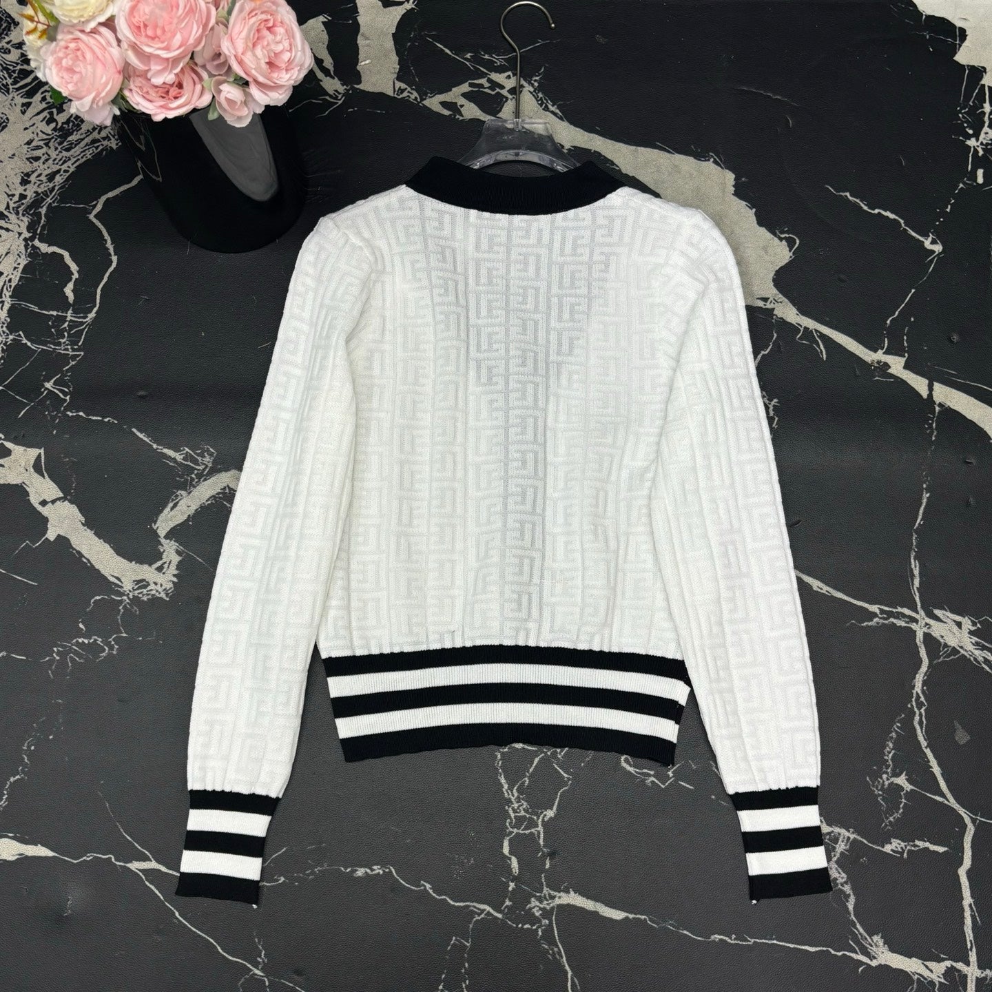 V-neck dark patterned logo cardigan