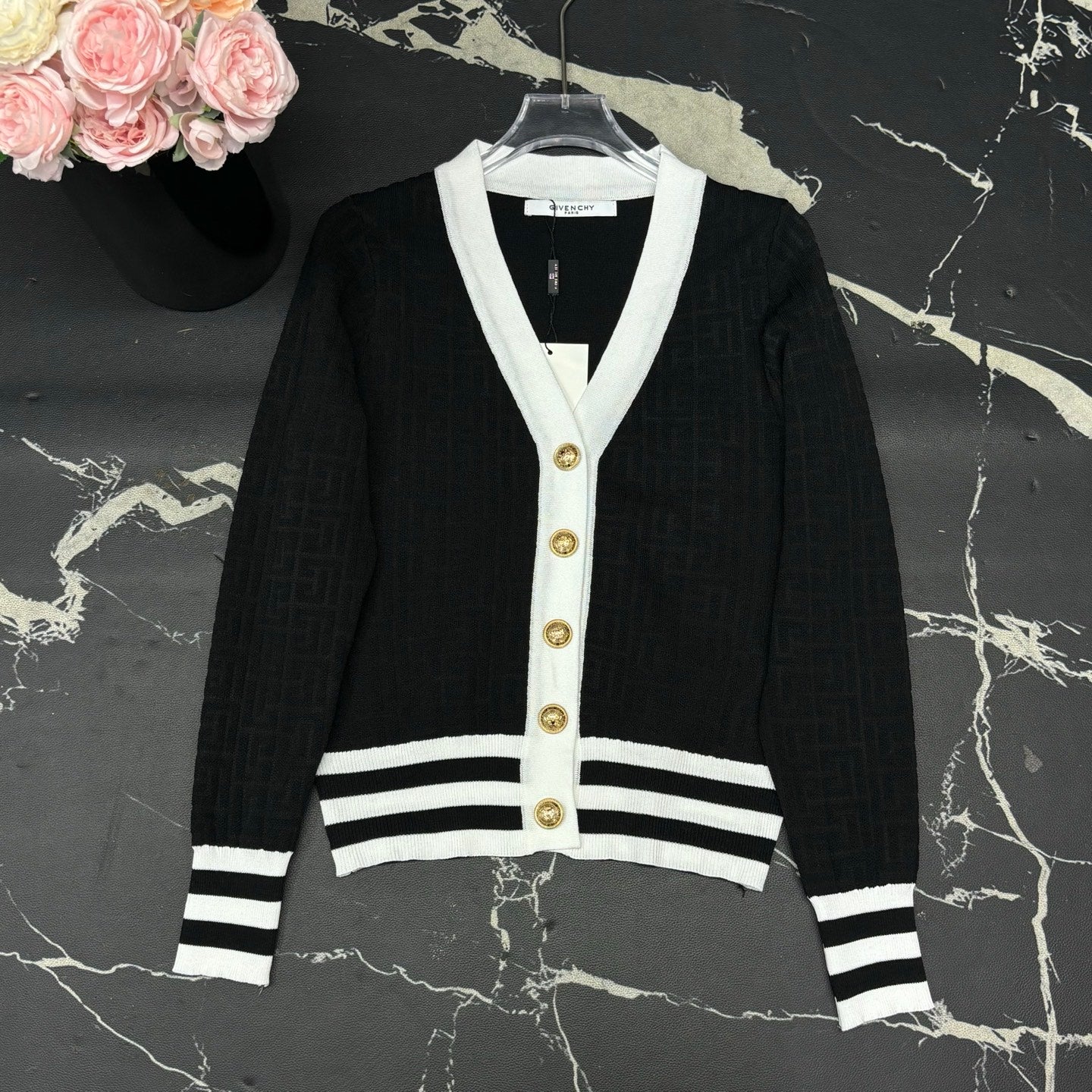 V-neck dark patterned logo cardigan