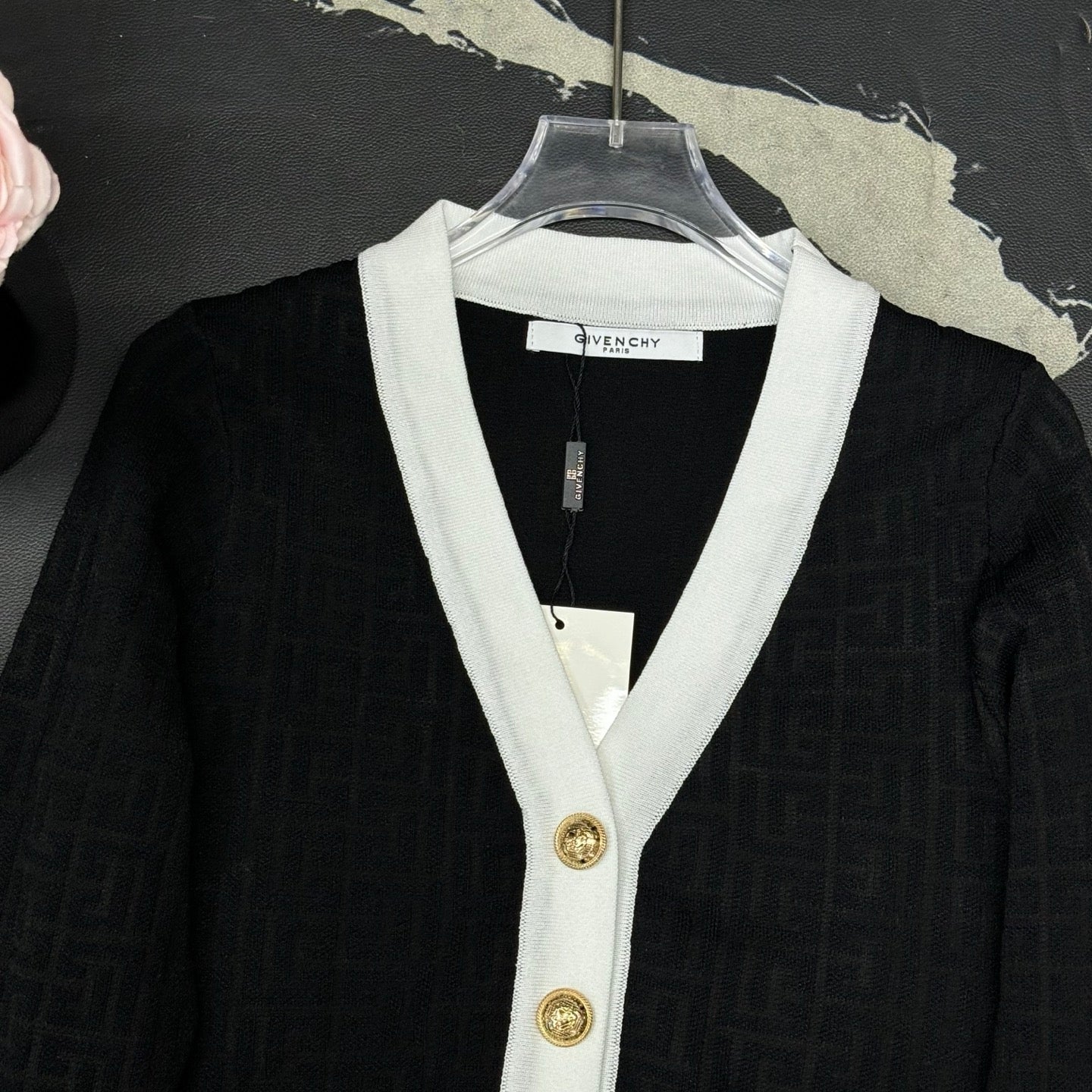 V-neck dark patterned logo cardigan