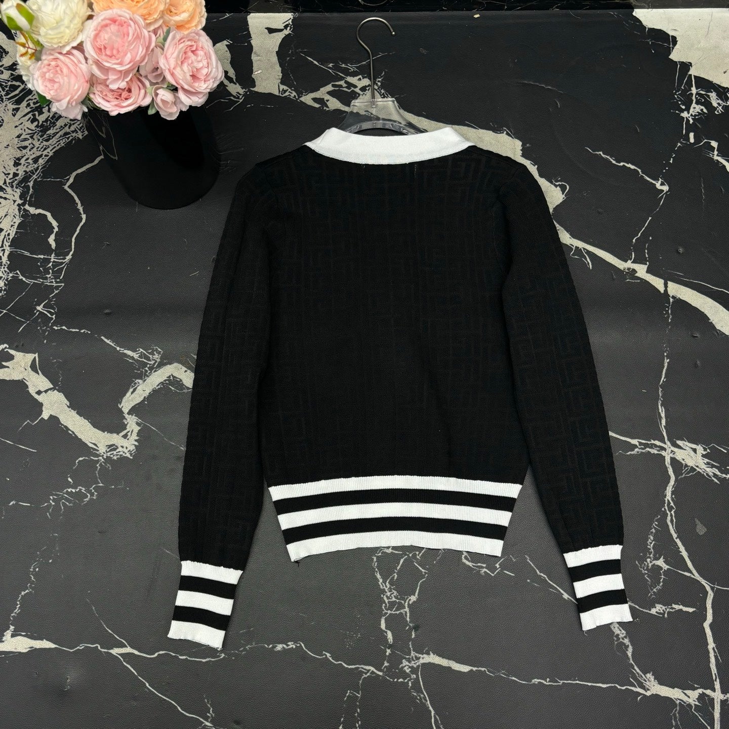 V-neck dark patterned logo cardigan