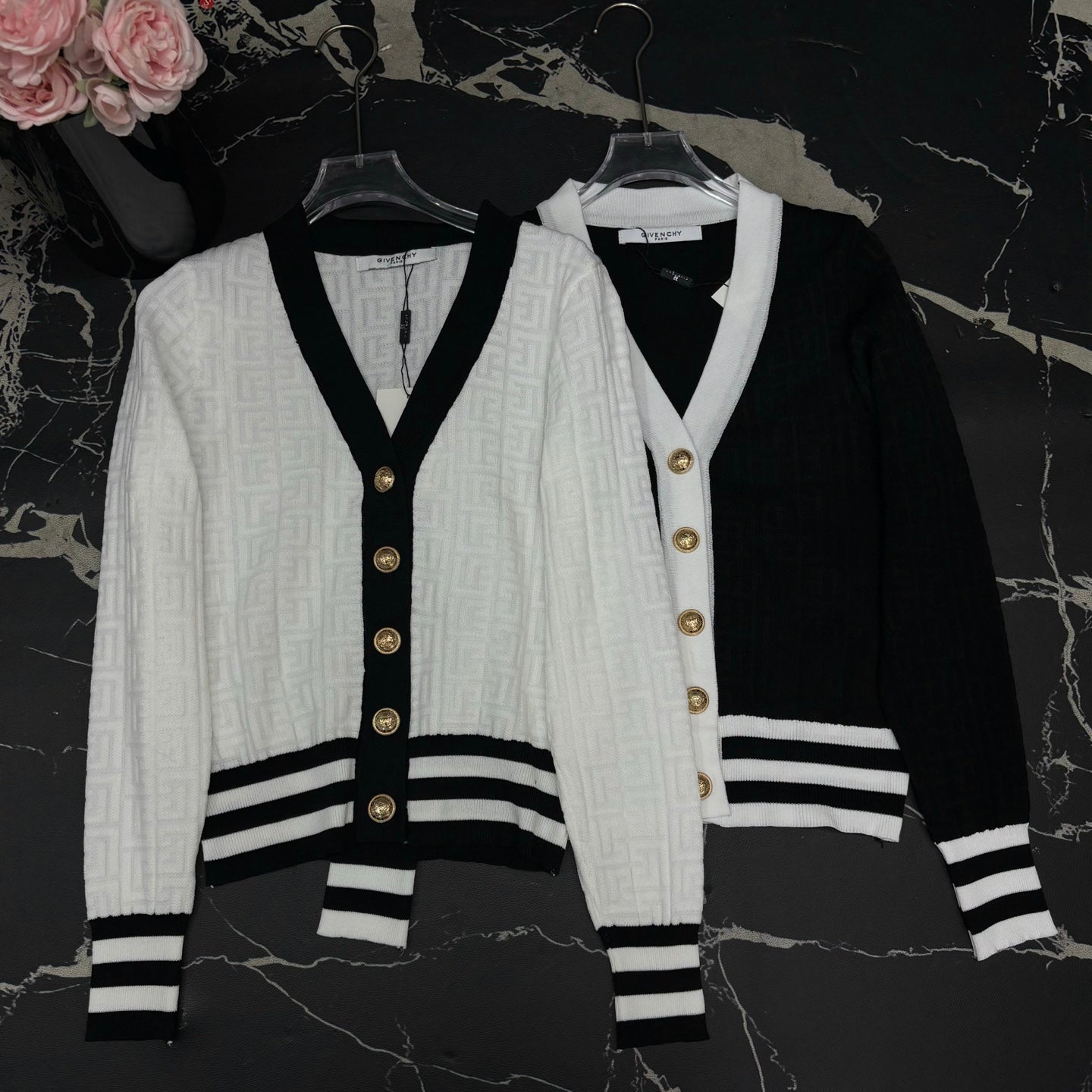 V-neck dark patterned logo cardigan