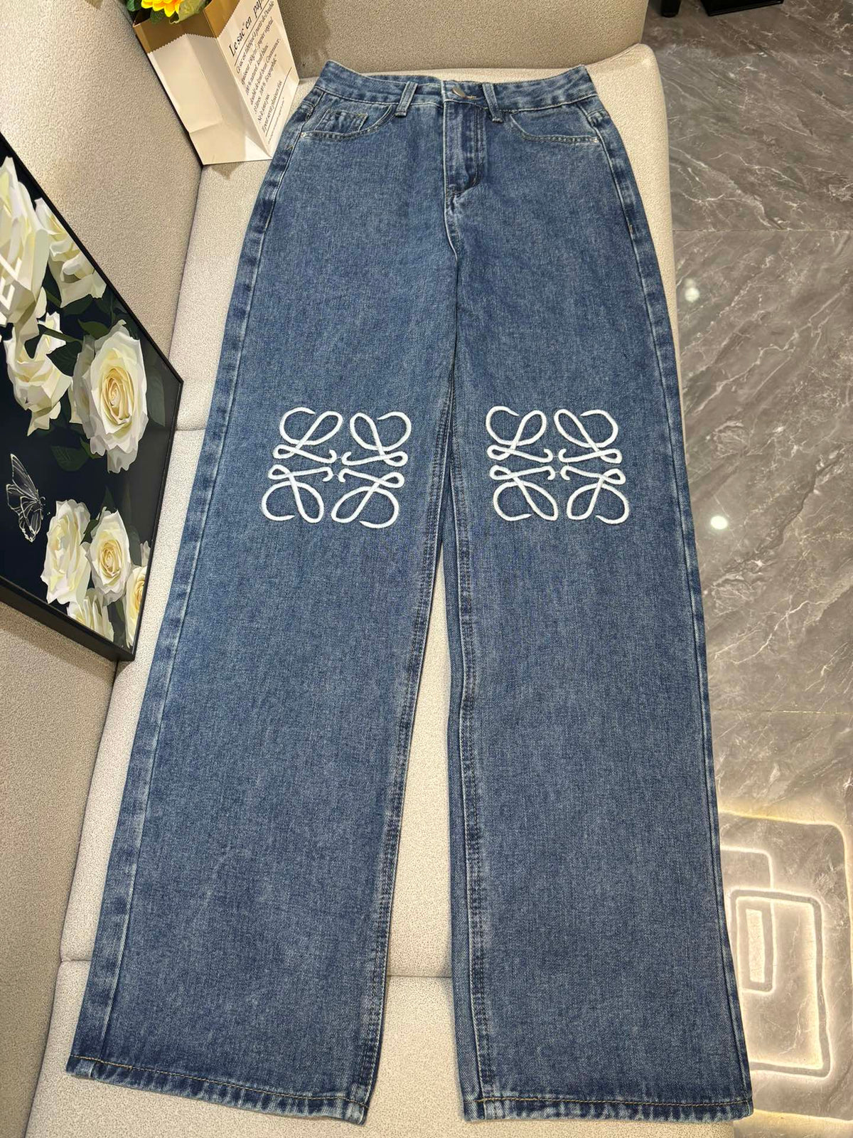 Embroidered straight leg jeans