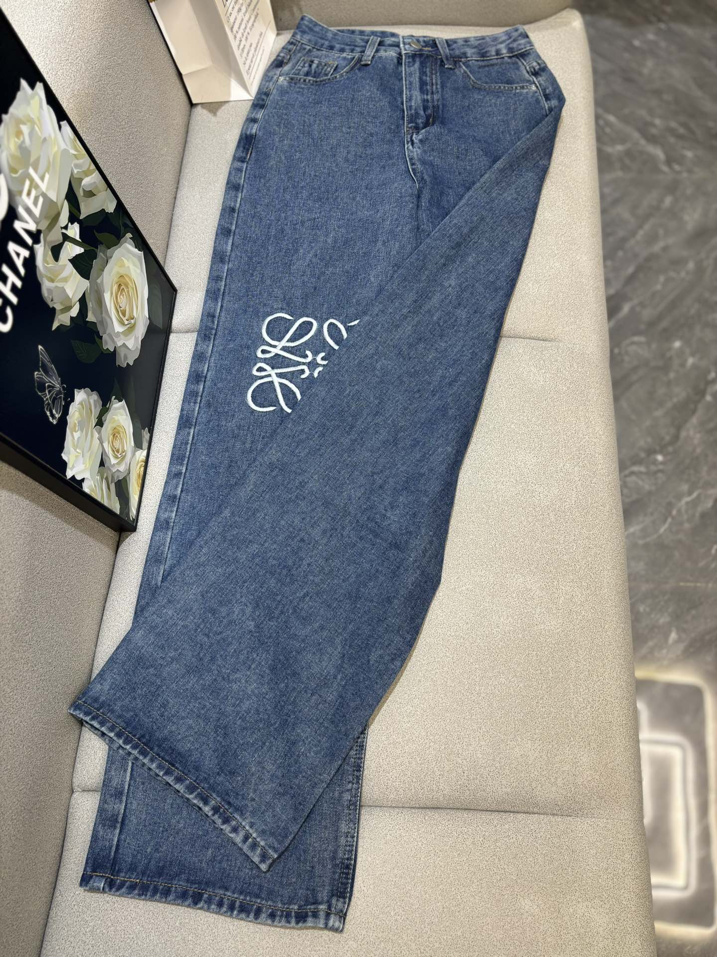 Embroidered straight leg jeans