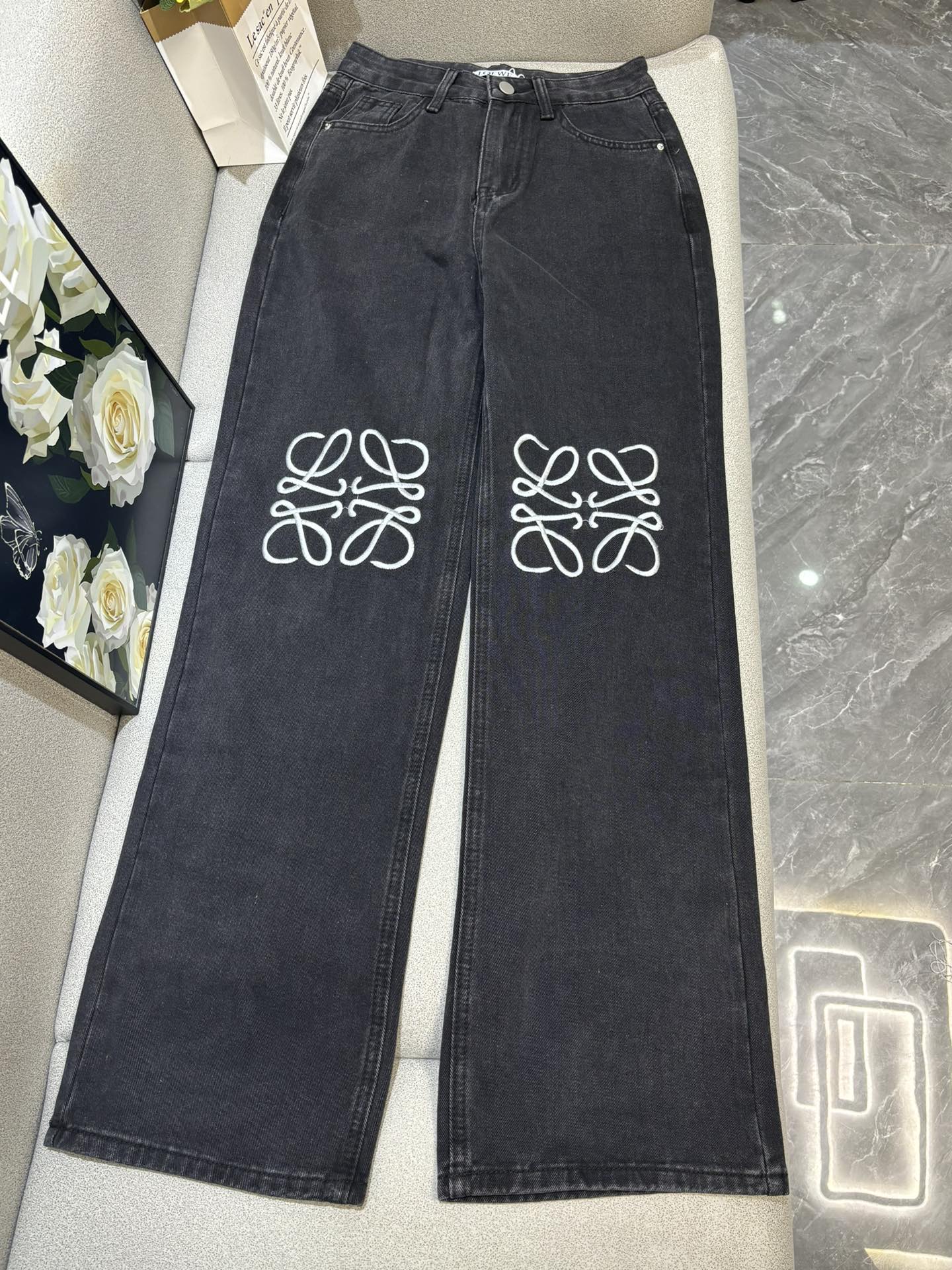 Embroidered straight leg jeans