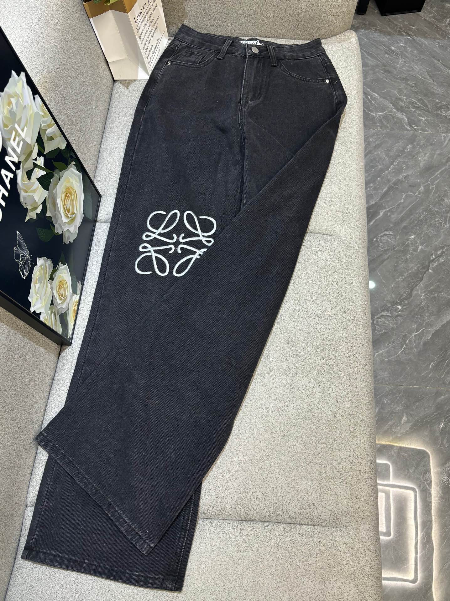 Embroidered straight leg jeans