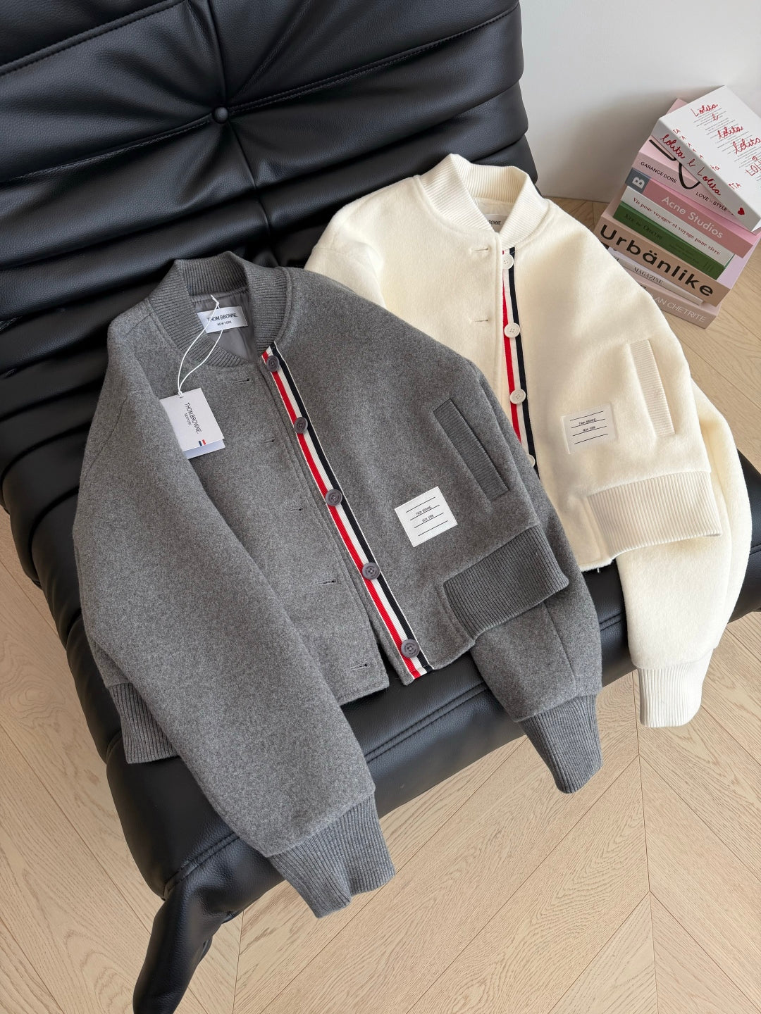 Classic contrasting ribbon splicing woolen baseball jersey